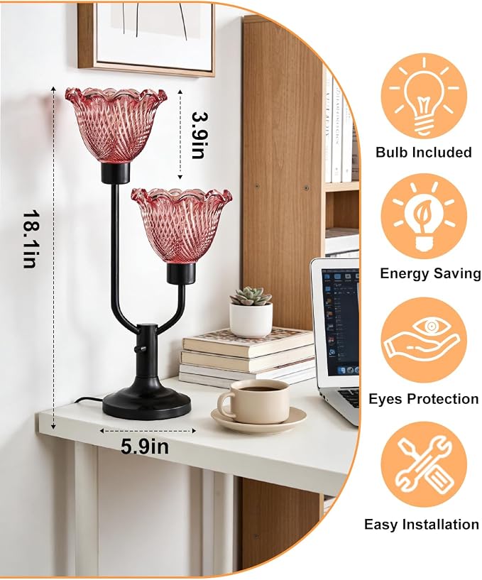 Lightdot Mid Century Modern Red Table Lamp Dimmable Flower Glass Desk Lamp Vintage Black Nightstand Lamp 2 Bulbs Included Warmwhite Ambient Bedside Lamps for Living Room Bedroom Home Office Decor Gift