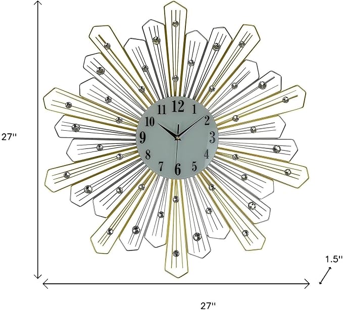 HomeRoots 27" Gold Silver and Metal and Faux Crystals Silent Analog Sunburst Wall Clock