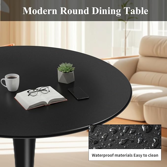 32" Black Round Dining Table, Mid-Century Modern Tulip Circle Kitchen Table with Thickened Top & Sturdy Pedestal Base, Small Round Bistro Table for 4 People, Space-Saving, Easy Assembly