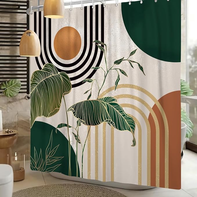 Boho Green Geometric Shower Curtain Bohemian Abstract Mid Century Tropical Bathroom Curtain Minimalist Modern Palm Leaf Shower Curtain Sets for Bathroom Extra Long 72x78 in with 12 Hooks