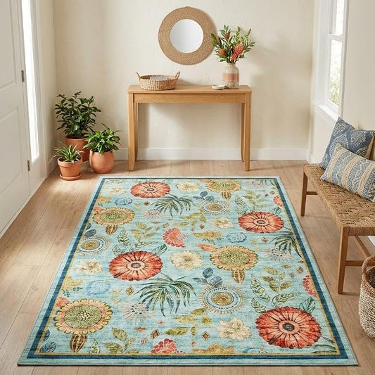 Washable 4x6 Small Area Rug for Living Room Boho Floral Soft Bedroom Rug Non Slip Office Rugs Low Pile Kitchen Small Carpet Stain Resistant Throw Rug for Bedside Kids Room Dining Room, Blue
