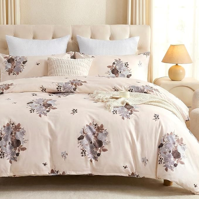 Cream Floral Duvet Cover King Size - 100% Cotton Comforter Cover Elegant Flower Botanical Duvet Cover Sets 3-PC, Breathable Duvet Cover with Zipper Closure & Corner Ties