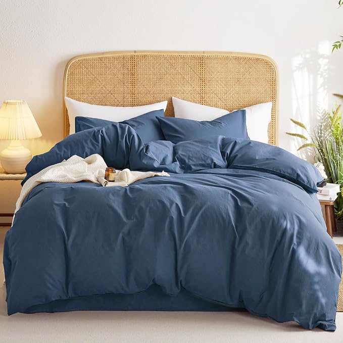 Wake In Cloud - Cotton Duvet Cover Set, 100% Washed Cotton, Linen Like Textured, Breathable Durable Comfy Farmhouse Neutral Bedding Set, 3 Pieces, Navy Blue, Full Size
