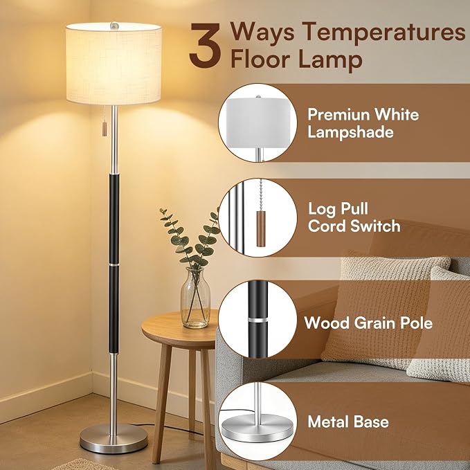 62" Mid Century Modern Floor Lamp, Black Standing Lamp with 3-Color Temperature and Pull Chain, Weighted Anti-Tip Base for Safety, Floor Lamps for Living Room Bedroom Corner (6500K Bulb Included)