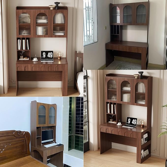 79" Mid-Century Desk, Multifunctional Computer Desk with Drawer and Glass Storage Cabinets, Reading Table, Office Desk, Bedroom Vanity Desk(160CM, A)
