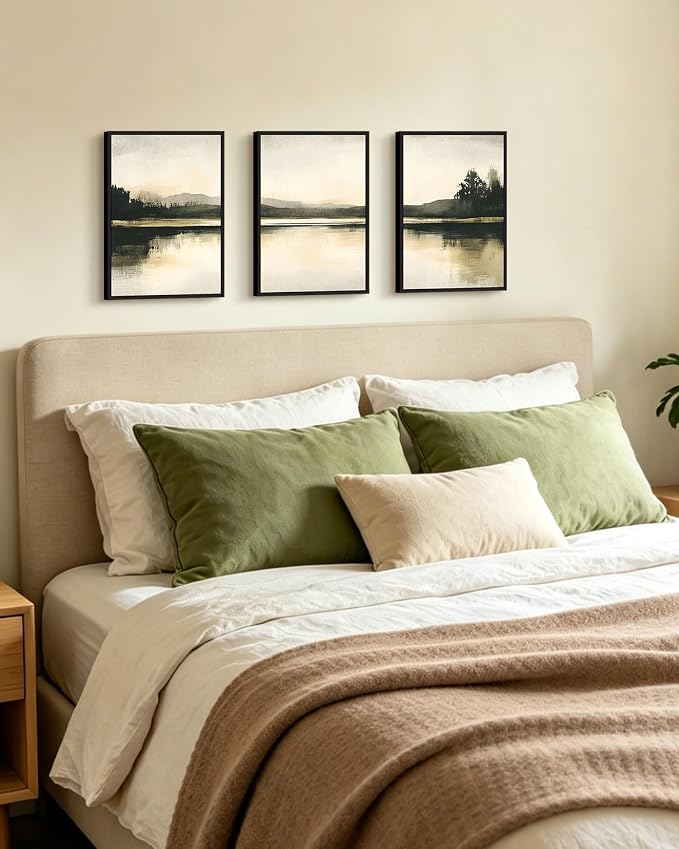 KUVIOKE Watercolor Abstract Mountain Lake Framed Wall Art Brown Landscape Nature Wilderness Painting Nordic Neutral Tan Illustration Decorative Home Decor 11x14in (Black Framed)