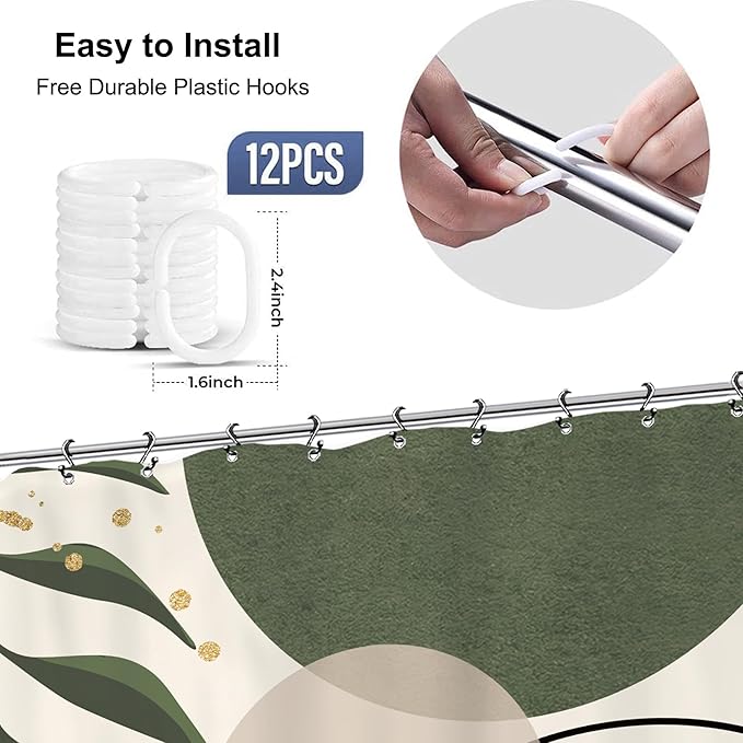 Yookeb Abstract Sage Green Bathroom Shower Curtain 60W by 71H Inch Modern Minimalist Mid Century Plant Leaves Aesthetic Neutral Geometric Contemporary 12 Plastic Hooks Waterproof Decor