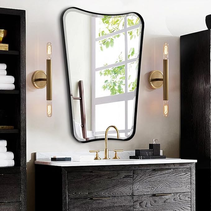 POZINO Matte Black Beveled Mirror, 24"x40" Bathroom Vanity Mirrors for Over Sink, Irregular Shaped Mirrors Decorative, Modern Rectangle Wall Mirror for Living Room Bedroom Fireplace Entryway
