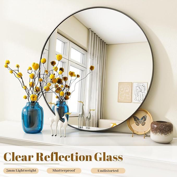 VooBang Black Round Bathroom Mirror, 20 inch Circle Wall Mounted Hanging Mirror with Simple Modern Circular Metal Frame for Hallway, Entryway, Living Room, Black Frame