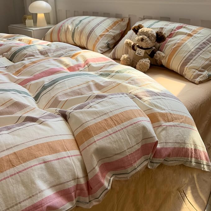 mixinni Vintage Striped Duvet Cover Set Twin XL, 3-Piece 100% Washed Cotton Bedding Set - Soft & Breathable Colorful Comforter Cover with Zipper, All-Season Lightweight Bed Set for Cozy Home
