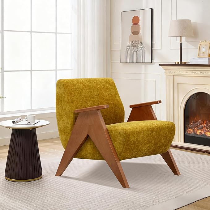 Home Accent Chair Mid Century Modern Accent Chair with Wood Frame, Lounge Upholstered Armchair, Reading Chair, Sturdy Base,For Living Room, Bedroom,Office,Comfy Guest Waiting Room Chairs,Yellow