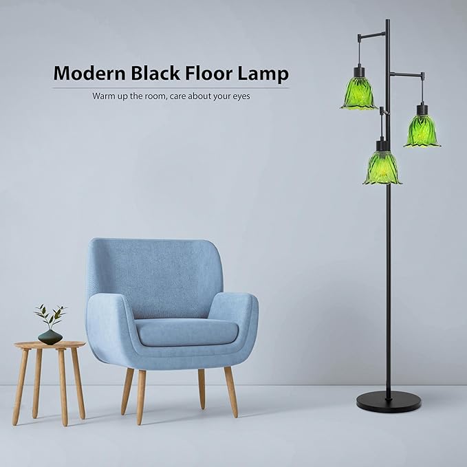 Mid-Century Modern Floor Lamp with Green Flower Glass Shade - Vintage Brass Tree Standing Light for Living Room, Bedroom, Reading Book - Farmhouse, Bohemian, Boho Chic Home Decor