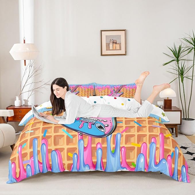 Erosebridal Guitar Music Comforter Cover Full for Girls - Blue Pink Ice Cream Drip Dessert Bedding Set Sweet Candy Duvet Cover,Summer Dessert Party Bed Set