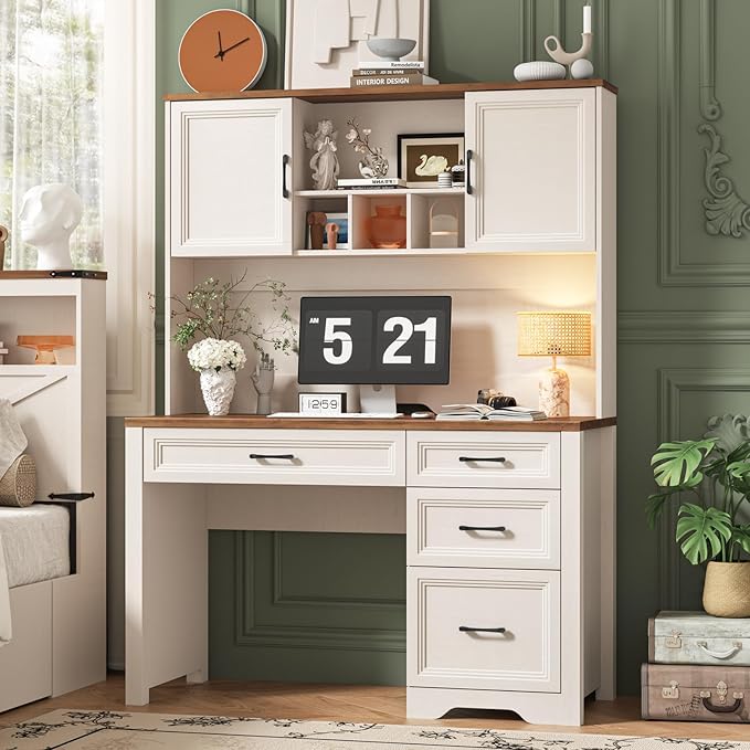Vabches Farmhouse Executive Desk with 4 Drawers and Storage Cabinet, Rustic Large Home Writing Desk with Hutch, Workstation for Bedroom, White