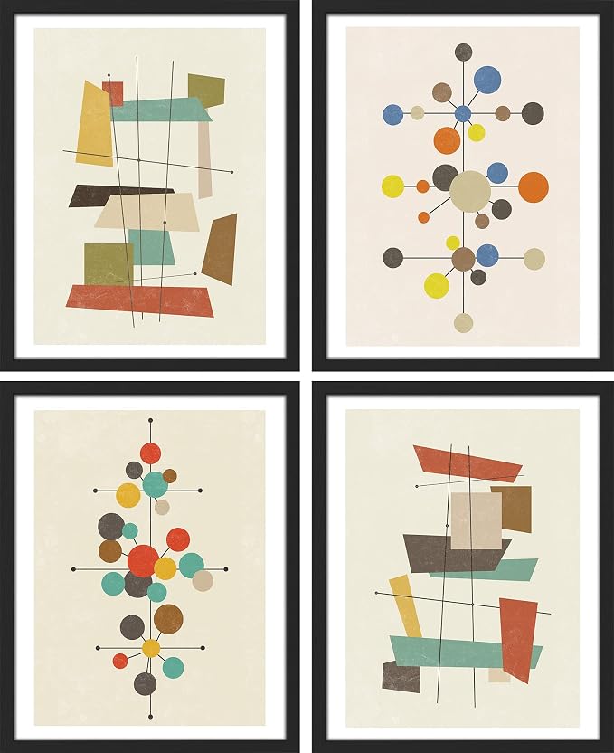 SIGNWIN Framed Mid-Century Modern 1960s Vintage Nordic Polygons Wall Art, Set of 4 Abstract Geometric Wall Decor Prints, Nature Wilderness Wall Décor for Living Room, Bedroom - 12"x16" Black