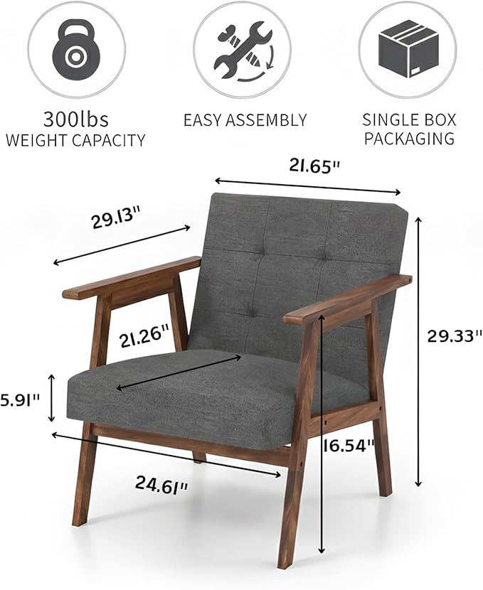Mid Century Modern Armchair, Upholstered Fabric Lounge Chair with Walnut Finish Frame for Living Room, Comfortable Sofa Chair in Dark Gray