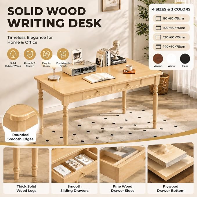 Walnut Writing Desks with Drawers, 47" Solid Wood French Country Style Computer Desk for Home Office, Living Room Study Workspace or Bedroom, Traditional Vanity Dressing Table
