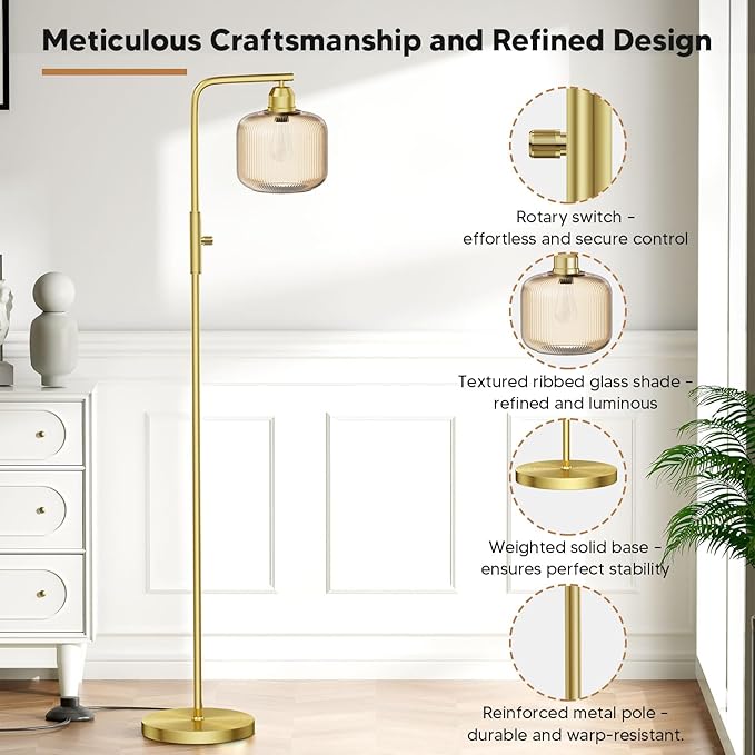 Glass Floor Lamp for Living Room, Modern Standing Lamp with Champagne Gold Ribbed Glass Lampshade, Stepless Dimmable Rotary Switch, 66” Tall Lamp & Gold Floor Lamp for Bedroom Study Room,Brushed Gold