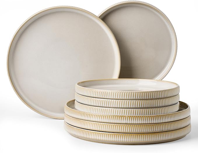 8-Piece Dinner/Salad Plates Set for 4, Cappuccino White | Chip & scratch resistant stoneware dinnerware. Microwave & dishwasher safe. Handcrafted reactive glaze. For daily & serving.