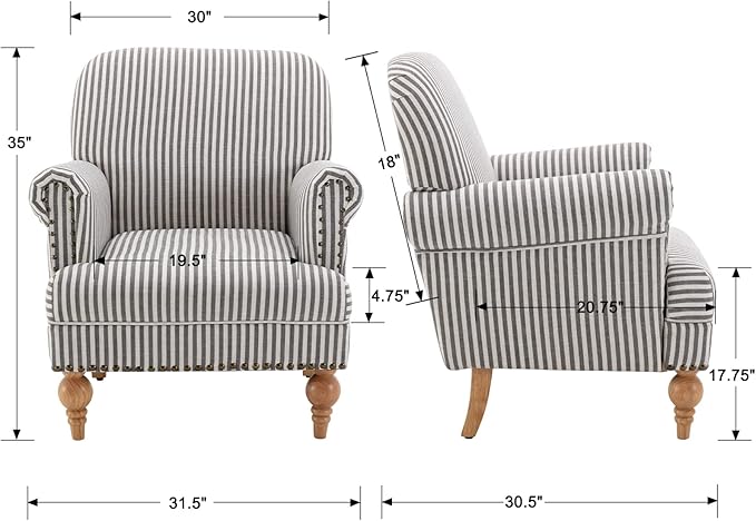Linen Accent Chairs Set of 2 Mid-Century Modern Living Room Armchair with Nailhead Trim & Wood Legs Comfy Upholstered Single Sofa Chair for Lounge/Bedroom/Reception, Black Stripe