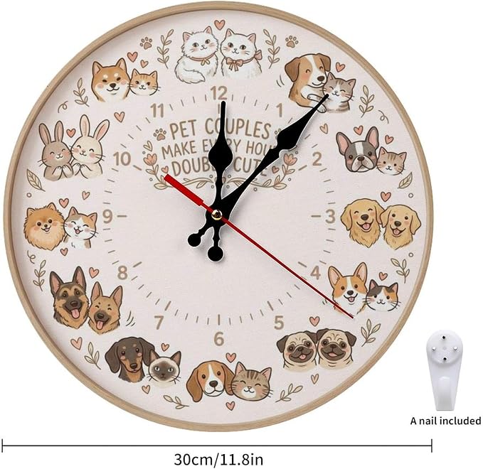 Adorable Animal Pairs Silent Non-Ticking Wooden Wall Clock 10/12 inch, Frameless Cute Pet Couples Design for Kids Room, Bedroom, Kitchen, Office, Battery Operated Home Decor Gift