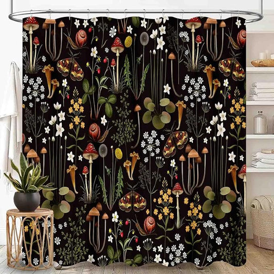 Mushroom Shower Curtain, Retro Wild Floral Botanical Mushroom Floral Moth Cottagecore Nature Plants Leave Herbs Black Farmhouse Waterproof Fabric Bathroom Shower Curtain Set with Hooks, 72"x72" Inch