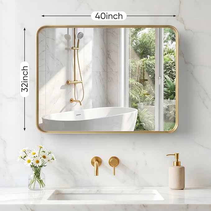 NEWBULIG 32X40 Inch Bathroom Mirror for Over Sink, Wall Vanity Mirrors Tempered Glass, Anti-Rust Metal Framed Rounded Rectangle, Hangs Horizontally or Vertically, Farmhouse Home Decor, Gold