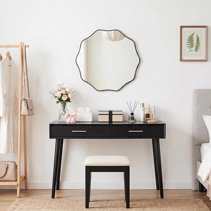 PERFNIQUE Black Scalloped Mirror, 20'' Round Wall Mirrors Wavy Wood Framed for Bathroom Nursery Bedroom Living Room Entryway, Decorative Modern Wall Decor