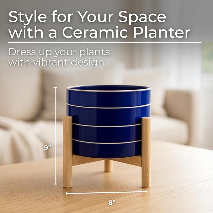 Striped Ceramic Planters with Wooden Stand for Home Decor Flower Pots for Entryway, Patio, Tabletop, and Garden - Colorful Decorative Pots for Indoor and Outdoor Plants - 9", Blue & Tan