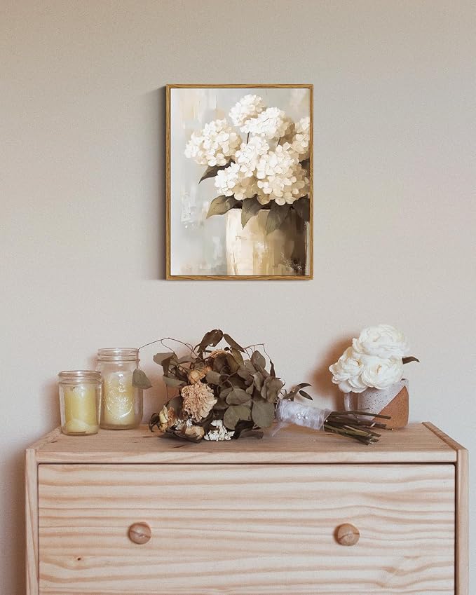 ARPEOTCY Vintage Framed Canvas Wall Art, Retro White Hydrangeas Wall Decor, Farmhouse Floral Painting Canvas Wall Art for Living Room, Bathroom, Bedroom Aesthetic(12 x 16 Inch)