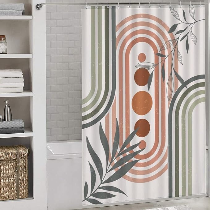 Mid Century Boho Sage Shower Curtain, Abstract Bohemian Mid Century Plant Leaf Rainbow Dots Washable Waterproof Fabric for Bathroom Decor Bathtub with 12 Hooks 55x72in（140x183cm）