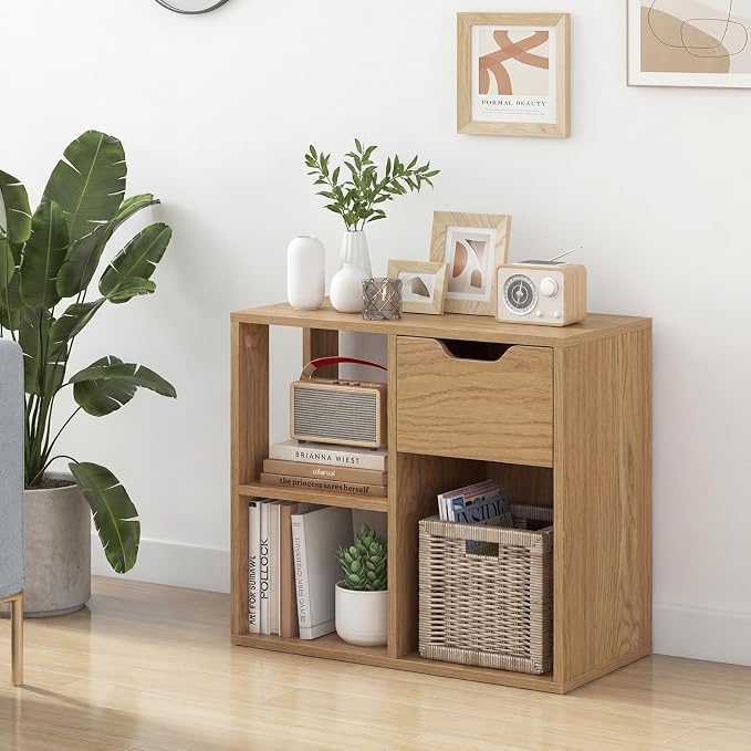 LOKO 3-Cube Bookshelf with Drawer Set of 2, 2-Tier Open Shelf Bookcase, Freestanding Display Shelf, Modern Home Storage Organizer, Shelving Unit for Living Room, Study, Office (1, Natural)