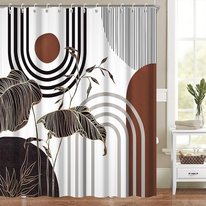 Mid Century Boho Shower Curtain for Bathroom Modern Abstract Aesthetic Bathroom Decor Set Black Gold Leaf Sun Arch Bathtub Curtains Machine Washable Waterproof Polyester Fabric with Hooks 69x75 Inch