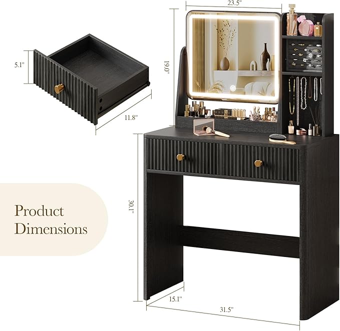Fluted Vanity Desk with Mirror and Lights, Small Makeup Vanity with 2 Drawers and Jewelry Storage Cabinet, 3 Lighting Modes Adjustable Brightness, Dressing Table for Bedroom - Black