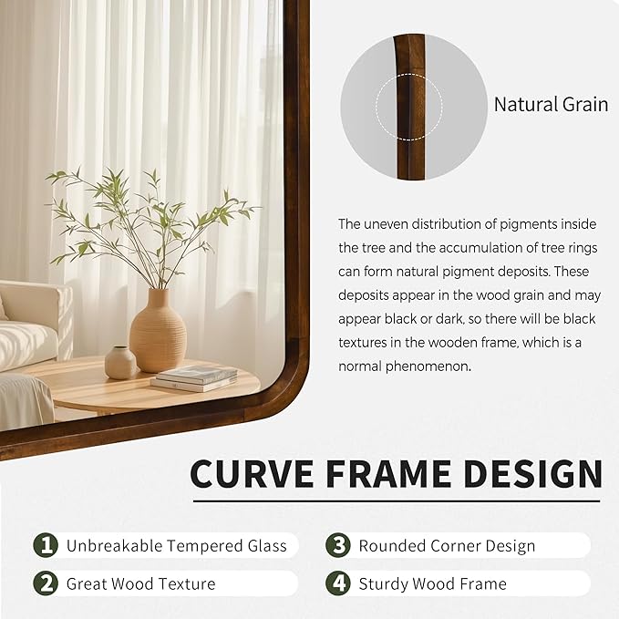 Wood Bathroom Mirror for Wall,Rectangle 24 x 36 inch Hanging Vanity Brown Tempered Mirrors with Rounded Corner for Living Room,Bedroom,Entryway (Walnut, 24x36 Inch)