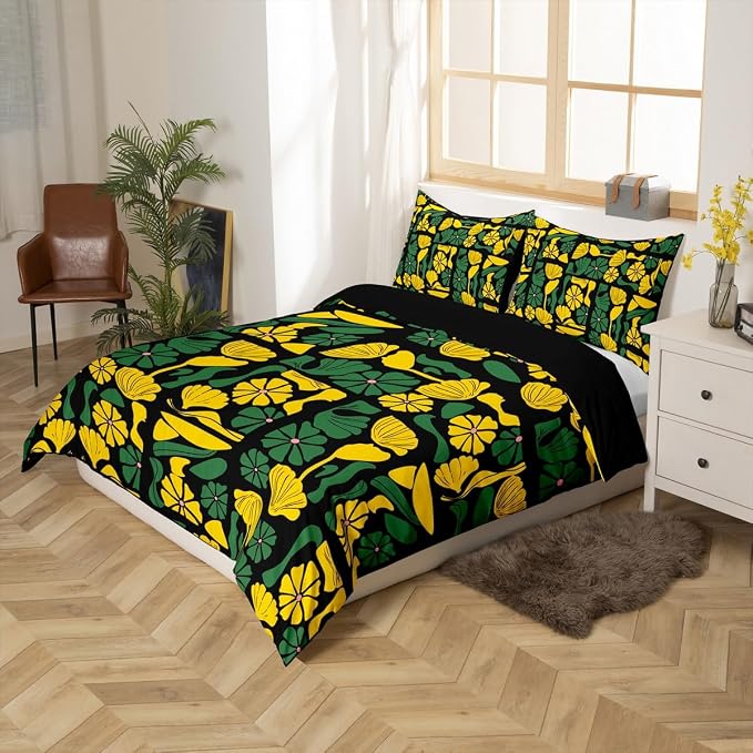 Erosebridal Boho Abstract Floral Duvet Cover Queen Vintage Patchwork Yellow Green Plant Bedding Set Mid Century Modern Abstract Geometric Comforter Cover for Kids Adults,Botanical Flowers Bed Set