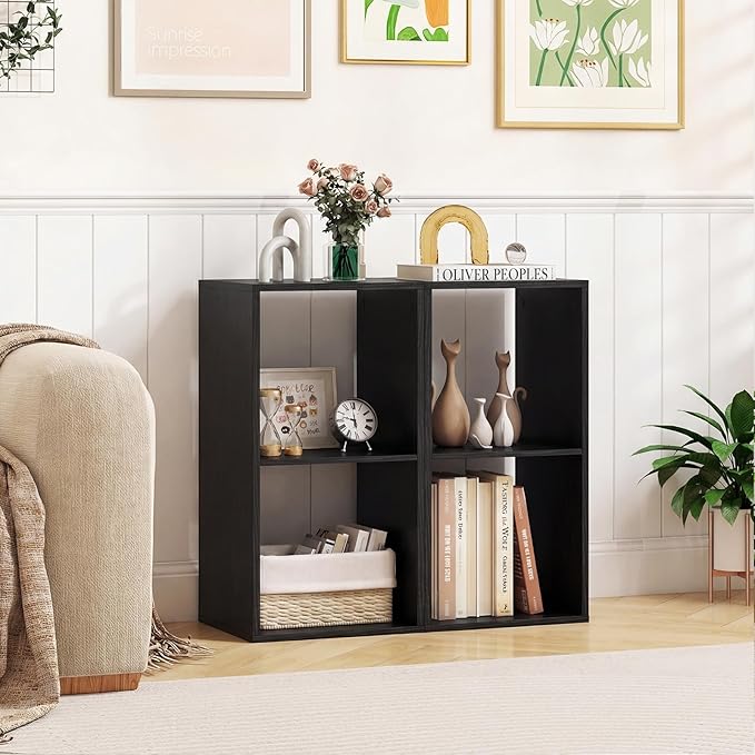 Tangkula 2-Cube Bookcase, 3-Tier Bookshelf with Open Compartments, Freestanding Cube Storage Organizer with Anti-Toppling Kits, Modern Display Shelf for Living Room, Study (1, Black, 2-Cube)