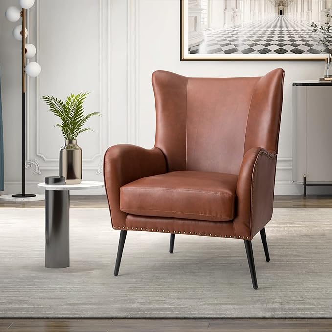 HULALA HOME Faux Leather Accent Chair with Removable Cushion, Comfy Upholstered Armchair with Black Metal Legs & Nailhead Trim Wingback Vanity Chair for Reading Living Room Bedroom, Brown