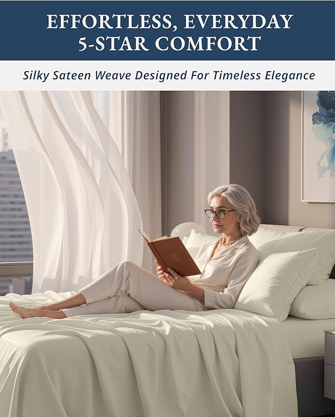 100% Egyptian Cotton Sheet Set Queen Size – Silky Sateen Weave Queen Sheet Set for Winter Sleep Comfort, 15" Snug Fit Deep Pocket, Breathable Hotel-Quality Soft Luxury You Can Feel - Swiss Dot Ivory