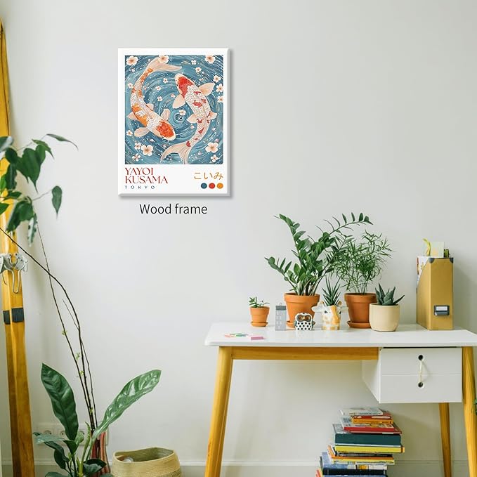 Light Blue Koi Fish Wall Art Japanese Yayoi Kusama Canvas Poster 08x10 inch Framed Modern Vintage Animal Aesthetic Paintings for Living Room Bedroom Dorm Wall Decor