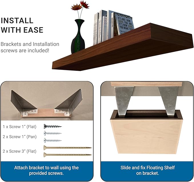 Rok Hardware Single Piece Floating Kitchen Shelf, 36 Inch (914mm) Length x 10 Inch (254mm) Depth, Wall Mounted, Walnut Finish Floating Shelf for Bathroom, Living Room FLO36X10WLT