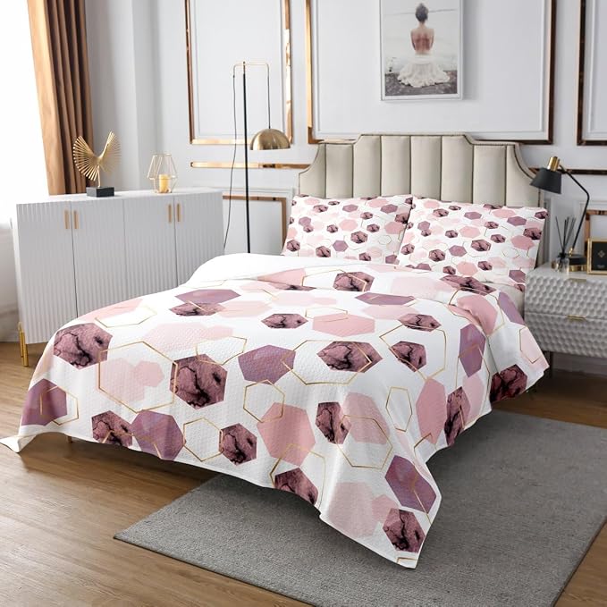 Erosebridal Modern Pink Quilt Set for Bedroom - Marbling Geometric Art Kids Coverlet Set, Girly Abstract Golden Striped Bedspread Sets for Home Decor, Twin 2 Pieces