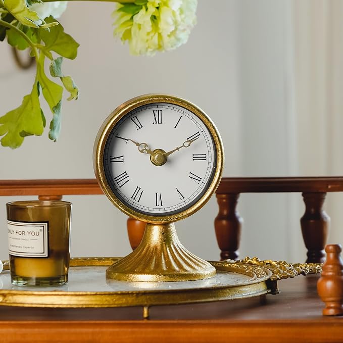 NIKKY HOME Vintage Table Clocks, Small Desk Clocks Decorative Gold Desk Shelf Clock Silent Non-Ticking Battery Operated Clock for Bedroom Living Room Decor