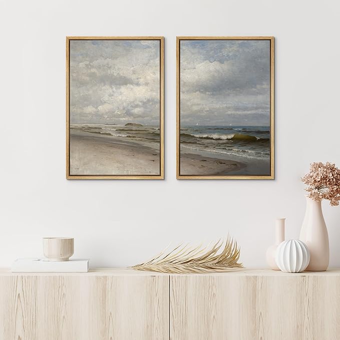 IDEA4WALL Framed Canvas Print Wall Art Set Coastal Beach Scene Classic Ocean View Illustrations Modern Art Decorative Coastal Cottage Seascape for Bedroom - 24"x36"x2 NATURAL