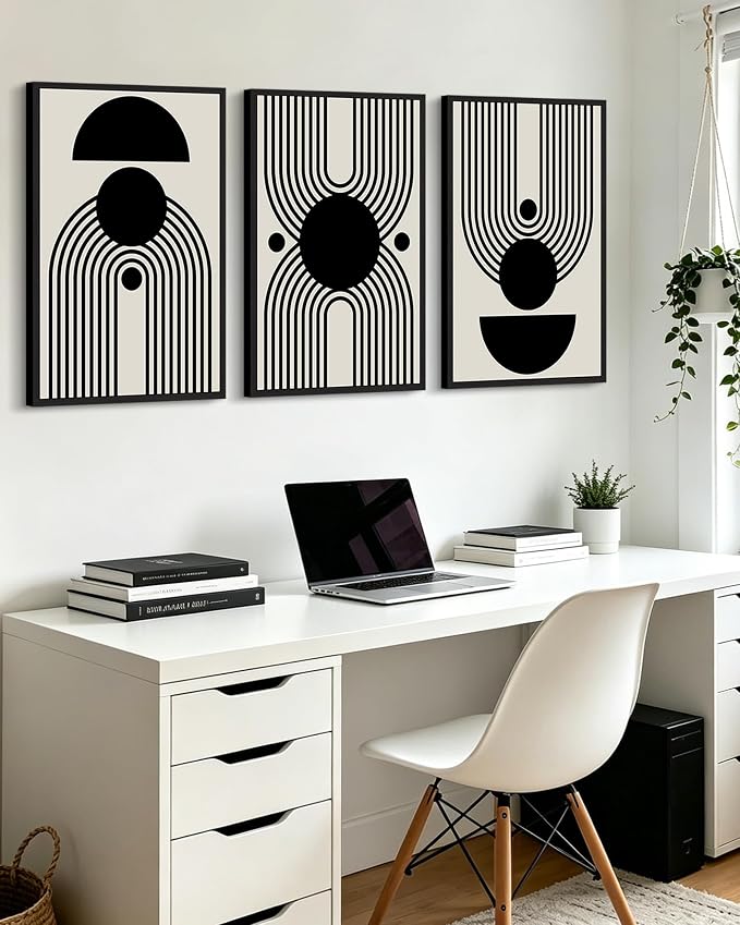 KUVIOKE Black Abstract Framed Wall Art Minimalist Geometry Lines Painting Artwork for Living Room Bedroom 24x36in (Black Framed)