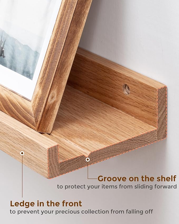 Axeman Oak Picture Ledge Shelf, 24 Inch Floating Shelves Set of 2, Solid Oak Wood Wall Shelves with Lip, Wall Decor Storage for Bedroom Living Room Bathroom Kitchen Nursery Photo Picture, Natural Oak