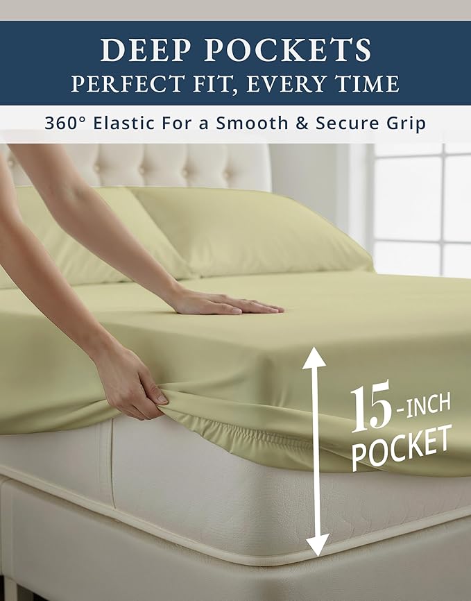 LANE LINEN Ultra Soft California King Sheets Set,100% Egyptian Cotton Mercerized Fully Elasticized with French Seam on Fitted Hotel Like Thick Luxury Bed Sheets - Sea Foam