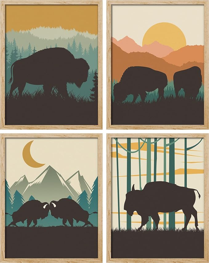 SIGNWIN Poster Bathroom Decor, Wall Art Room Decor Multicolor for Living Room, Bedroom, Office Country Farmhouse Vibrant Bison Silhouette Nature Wilderness Animals Decorative Chic - 12"x16"x4