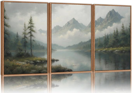 SIGNINART Large Green Forest Framed Canvas Wall Art Set, Misty Mountain Lake Wall Decor, Modern Foggy Wood Landscape Artwork, Nature Oil Painting Art Print for Living Room, Bedroom, Office 24"x36"x3