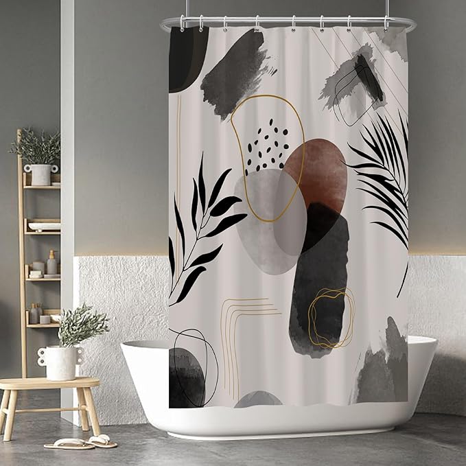 Baocicco Boho Shower Curtain Black Grey Plants Leaves Mid Century Modern Abstract Shower Curtains Decorative for Bathroom Waterproof Fabric Shower Curtain with Hooks 48x72 Inches